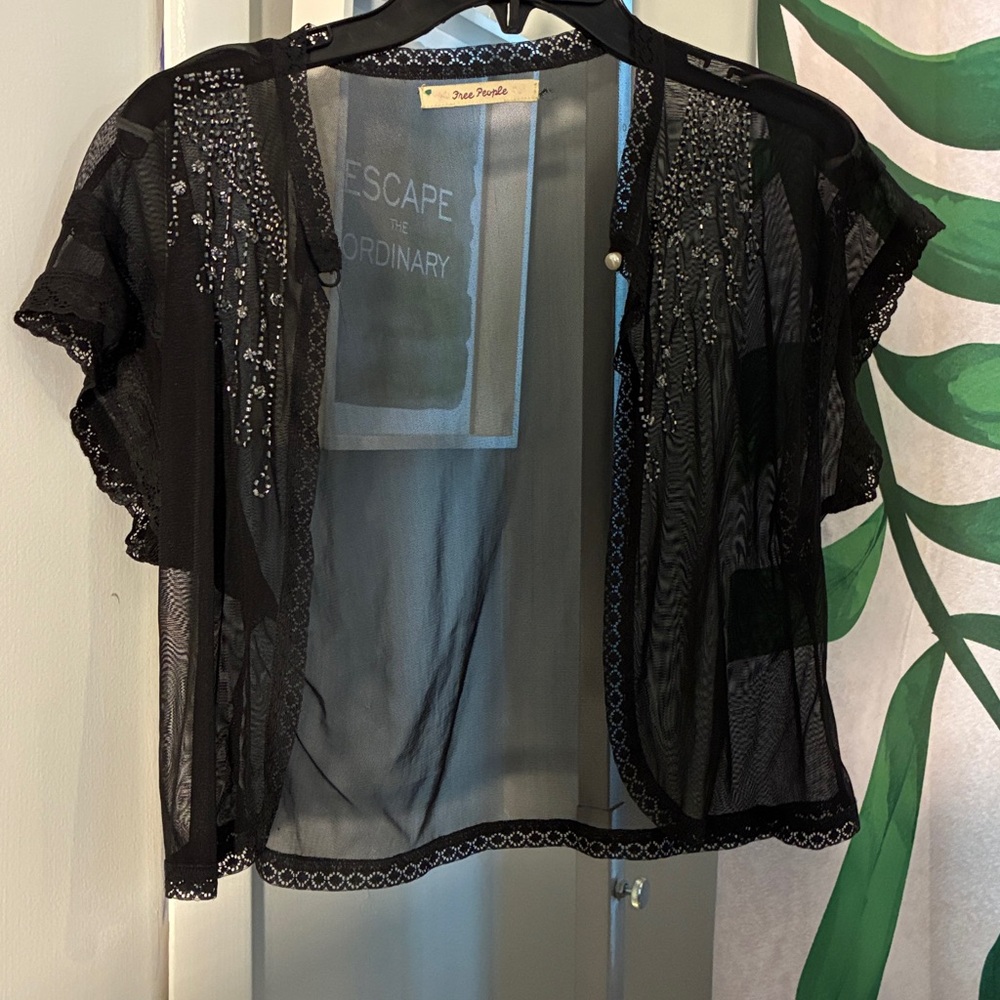 Vintage Free People Sheer Cardigan with Sequins and Beads Cropped Black